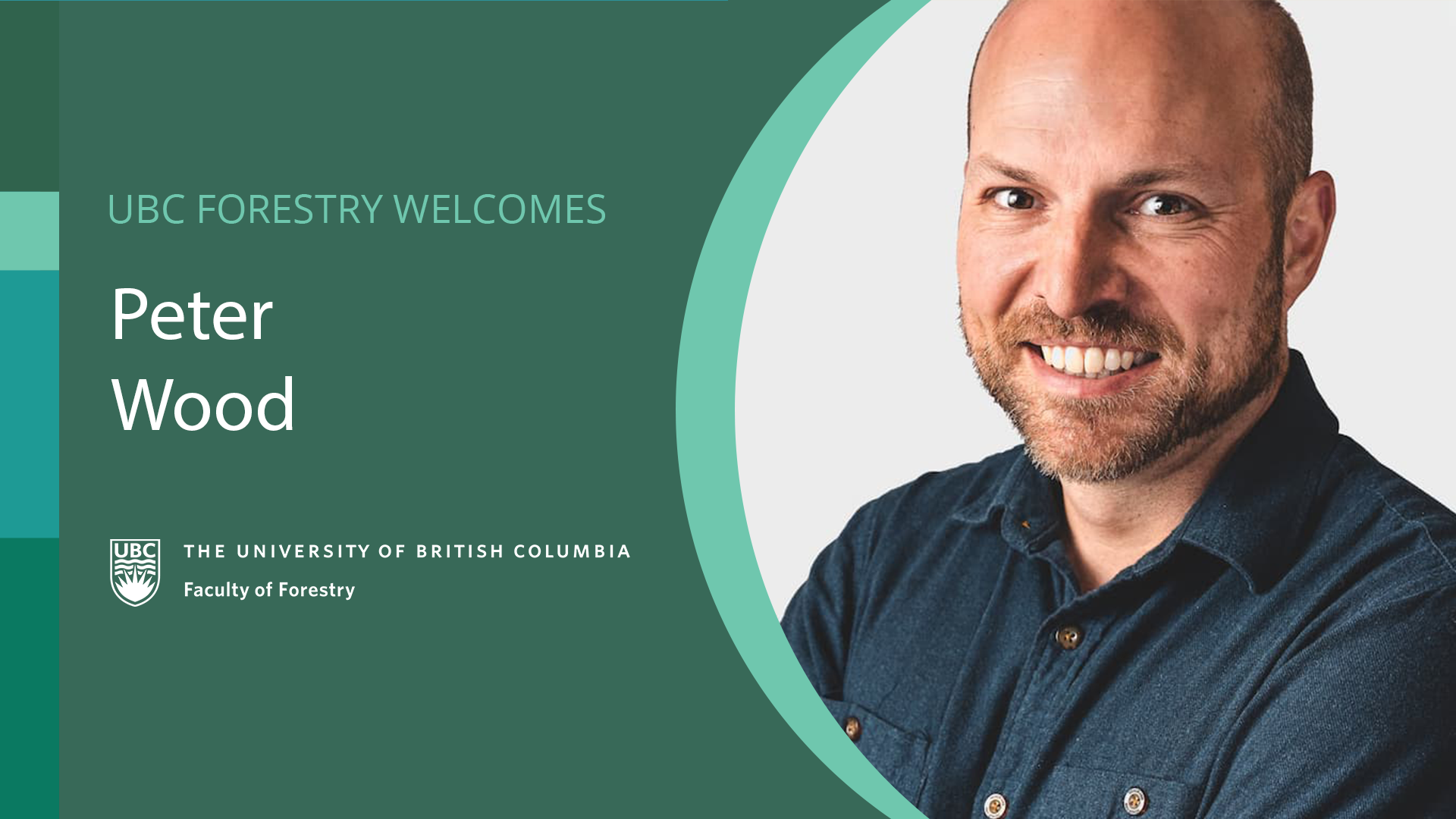 A graphic with a photo of Peter Wood smiling and text that reads, "UBC Forestry Welcomes Peter Wood." The UBC Forestry logo is below the text.